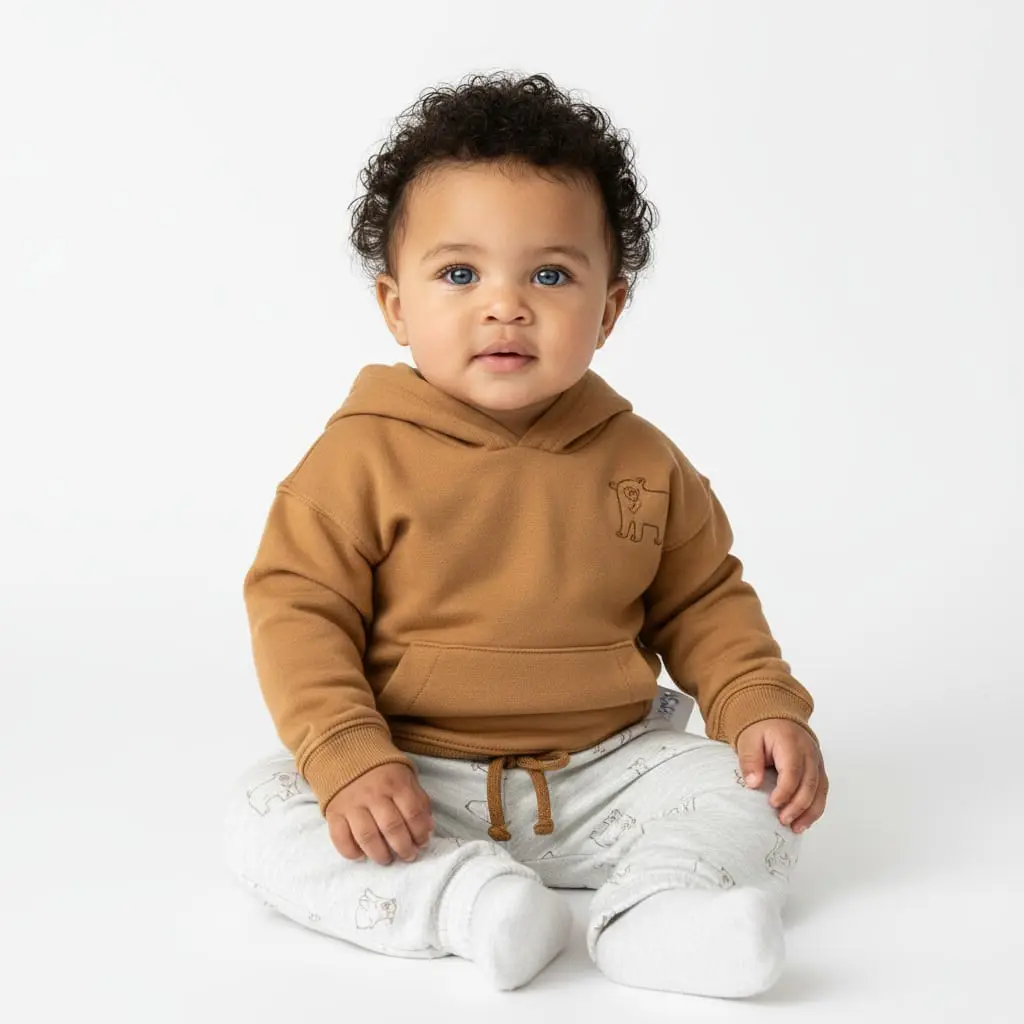 Sudadero con capucha color cacky y pants con osos polares · talla 18 Meses